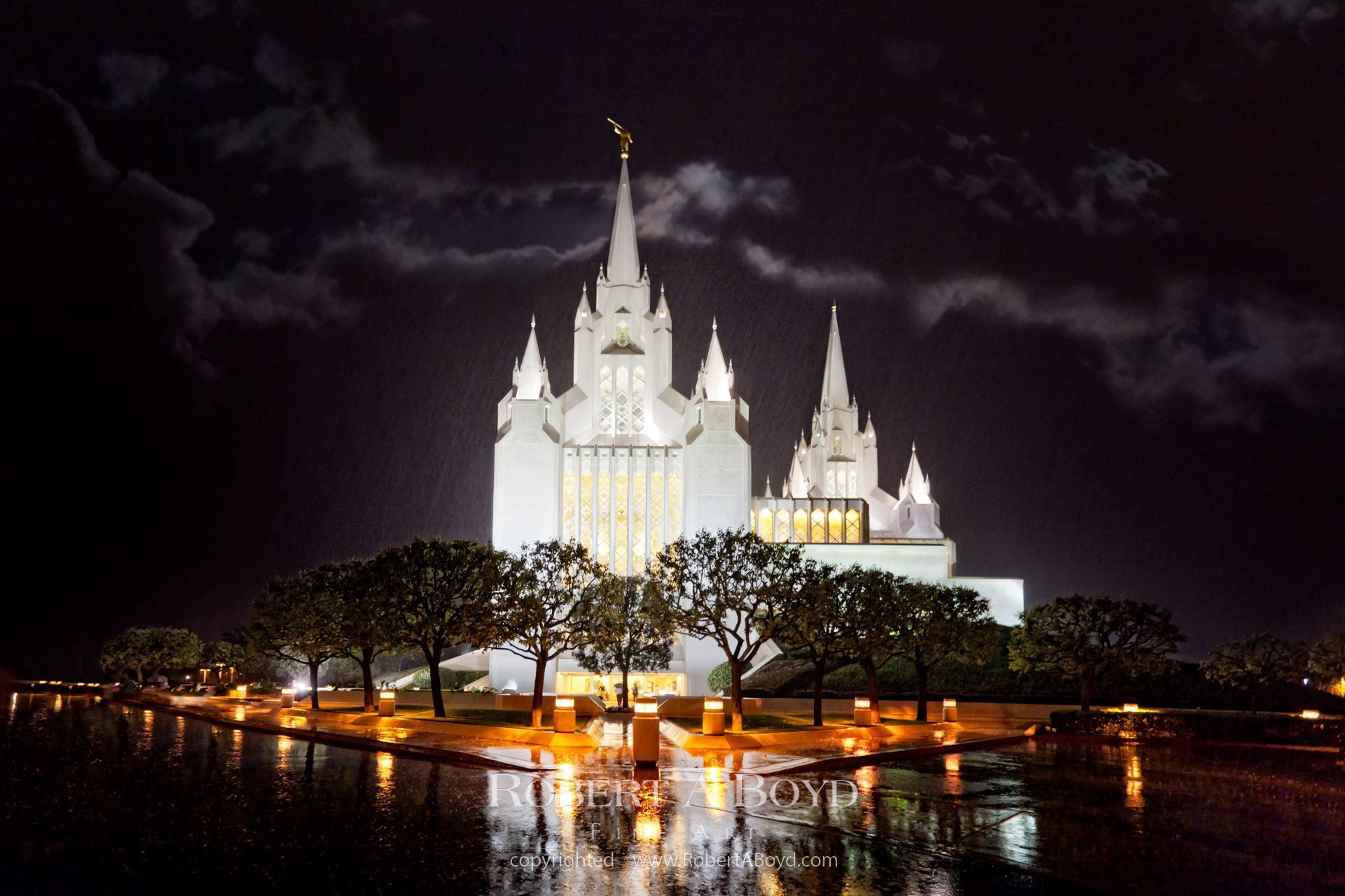 San Diego Temple Rain Reflection. Robert A. Boyd Fine Art and LDS Temples