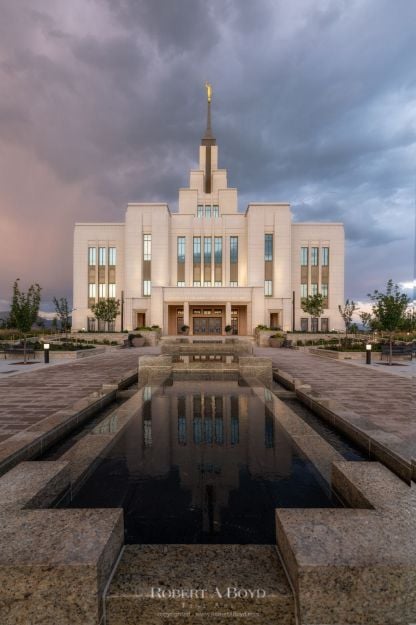 Saratoga Springs Temple with orange blue skies